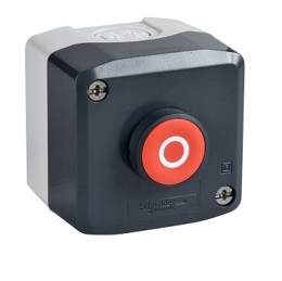 Harmony XALD, XALK, Control station, plastic, dark grey lid, 1 red flush push button Ø22, spring return, marked O, 1 NC