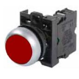 Eaton M22-D-R-K01 momentary pushbutton with red lens, platinum colored bezel, 1 normally closed contact block